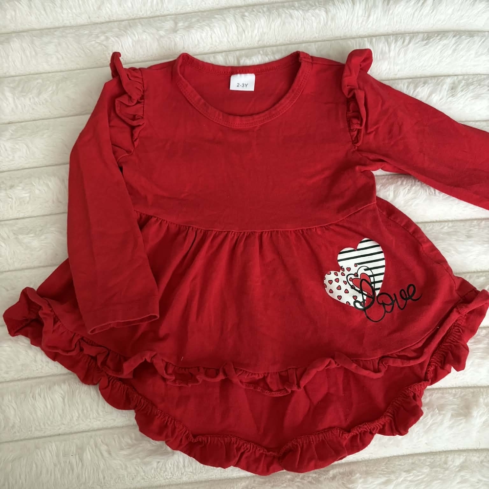 Red Ruffle Long Sleeve Toddler Dress with Heart Applique